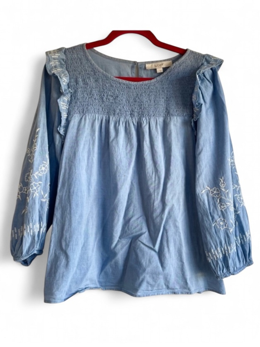 Loft 100% Cotton Blue Chambray Smocked Embroidered Ruffle Blouse Size L